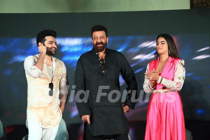 Sanjay Dutt, Kavya Thapar and Ram Pothineni snapped at Their song launch of ‘Big Bull’ at Double ISMART in Mumbai.