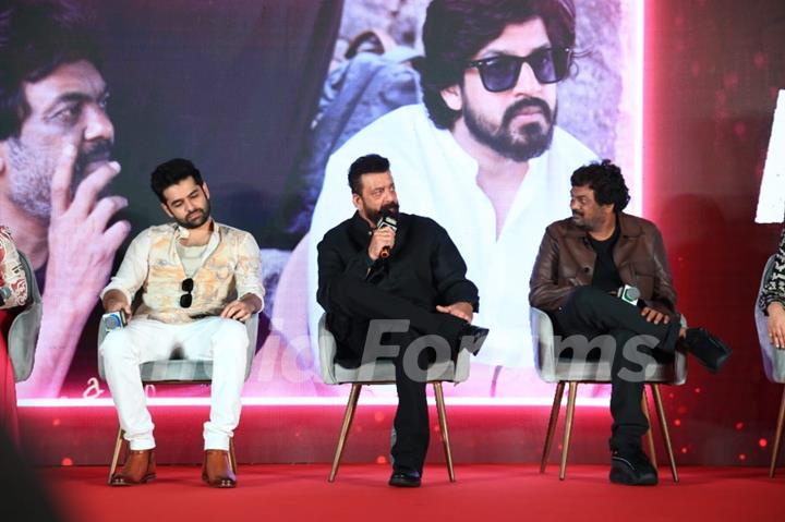 Sanjay Dutt, Puri Jagannadh and Ram Pothineni snapped at Their song launch of ‘Big Bull’ at Double ISMART in Mumbai.