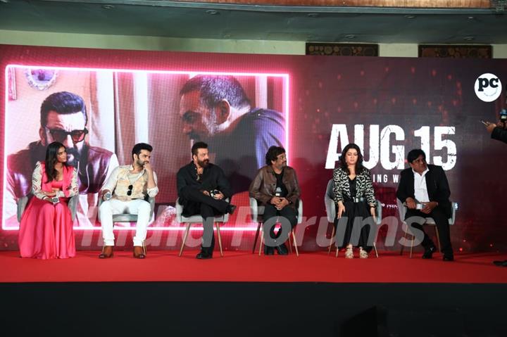 Sanjay Dutt, Charmy Kaur, Puri Jagannadh, Kavya Thapar and Ram Pothineni snapped at Their song launch of ‘Big Bull’ at Double ISMART in Mumbai.