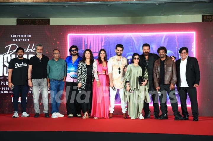 Sanjay Dutt, Charmy Kaur, Puri Jagannadh, Kavya Thapar and Ram Pothineni snapped at Their song launch of ‘Big Bull’ at Double ISMART in Mumbai.