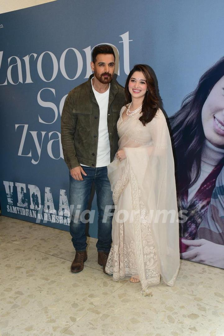 John Abraham and Tamannaah Bhatia snapped at the launch of the new song, 'Zaroorat se zyada' from Vedaa