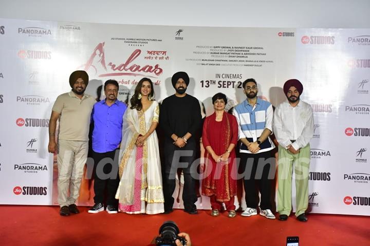 Gurpreet Guggi, Kanwaljeet Singh, Jasmin Bhasin and Gippy Grewal snapped at the trailer launch of their upcoming movie Ardaas Sarbat De Bhale Di