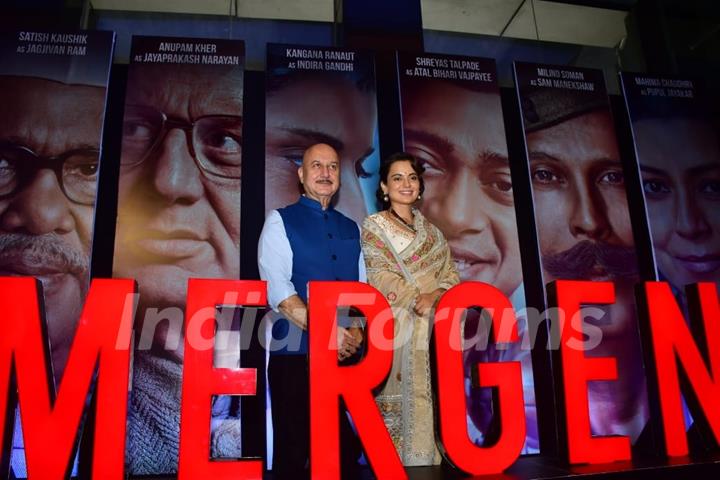 Anupam Kher and Kangana Ranaut snapped at the trailer launch of their upcoming film Emergency