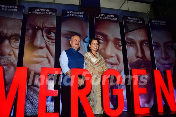 Anupam Kher and Kangana Ranaut snapped at the trailer launch of their upcoming film Emergency