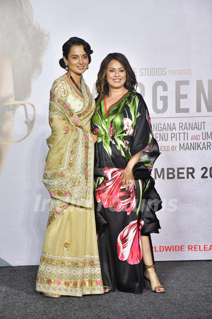 Mahima Chaudhry and Kangana Ranaut snapped at the trailer launch of their upcoming film Emergency