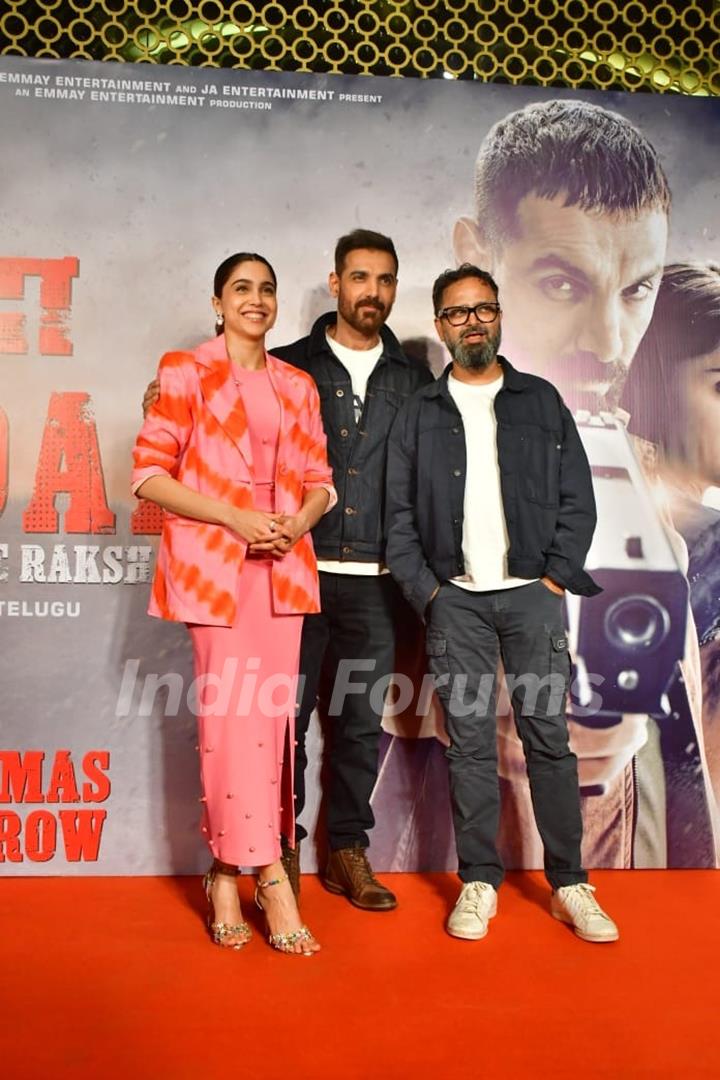 John Abraham, Nikkhil Advani and Sharvari Wagh snapped at the movie premiere of Vedaa