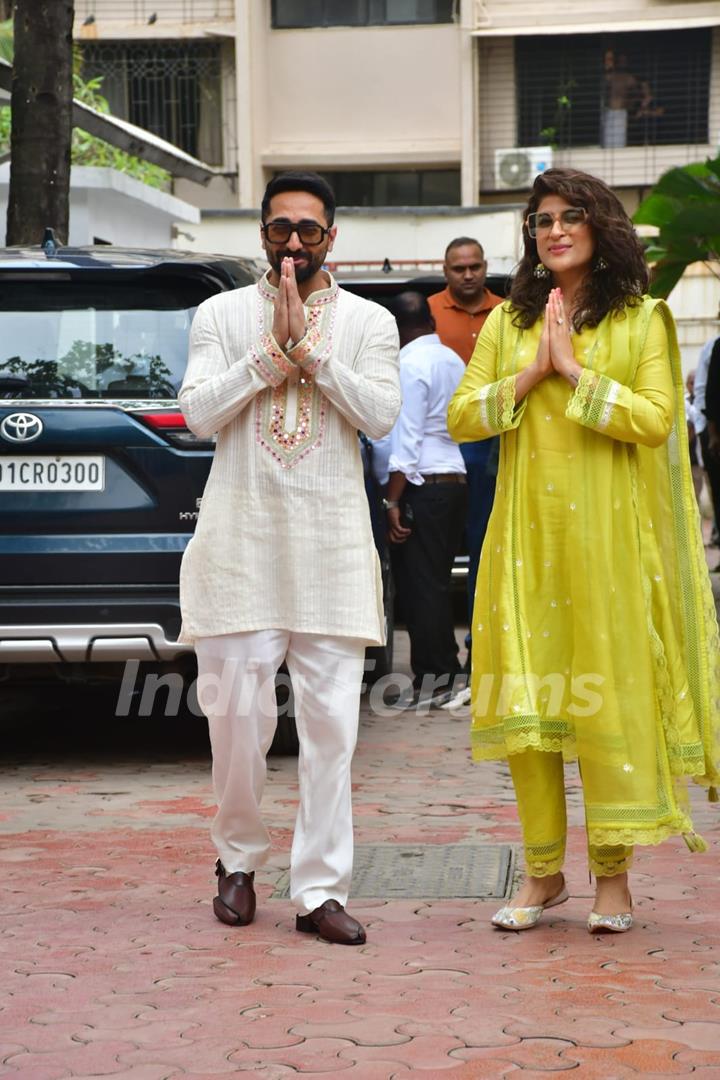 Ayushmann Khurrana and Tahira Kashyap Khurrana  outside Shilpa Shetty's residence for Ganapati Darshan