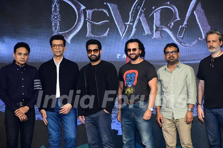 Saif Ali Khan, Jr. NTR, Karan Johar, Janhvi Kapoor and Koratala Siva  snapped at the trailer launch of their upcoming movie Devara: Part 1