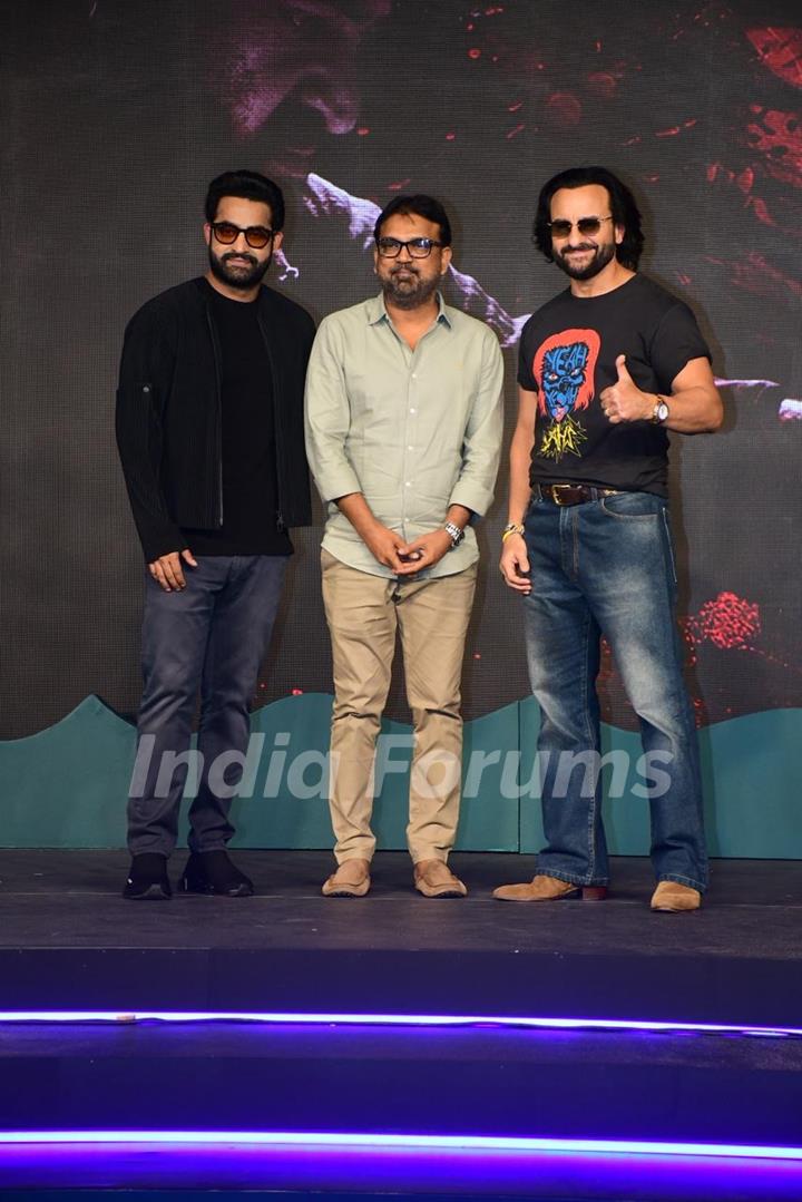 Saif Ali Khan, Jr. NTR and Koratala Siva  snapped at the trailer launch of their upcoming movie Devara: Part 1