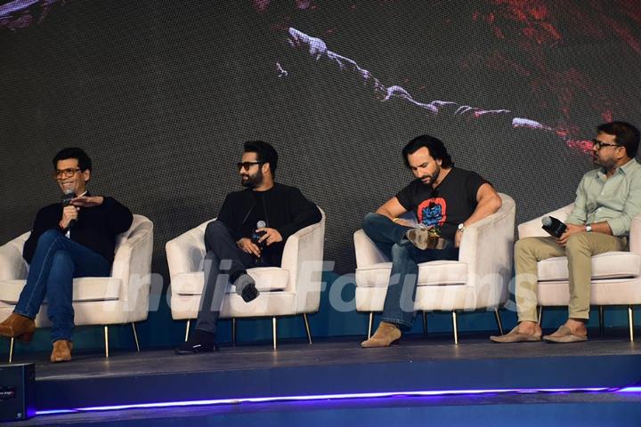 Saif Ali Khan, Jr. NTR and Karan Johar  snapped at the trailer launch of their upcoming movie Devara: Part 1