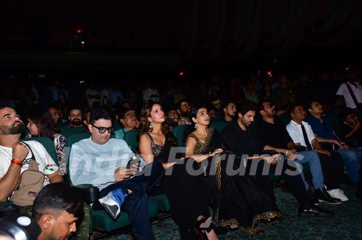 Vidya Balan, Rajpal Yadav, Bhushan Kumar, Anees Bazmee, Kartik Aaryan and Triptii Dimri snapped at the trailer launch of ‘Bhool Bhulaiyaa 3’ at Raj Mandir in Jaipur