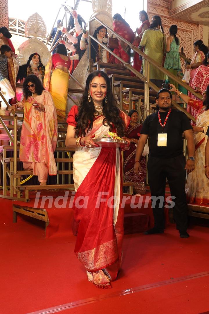 Rupali Ganguly snapped during Sindhur Khela at North Bombay Durga Puja