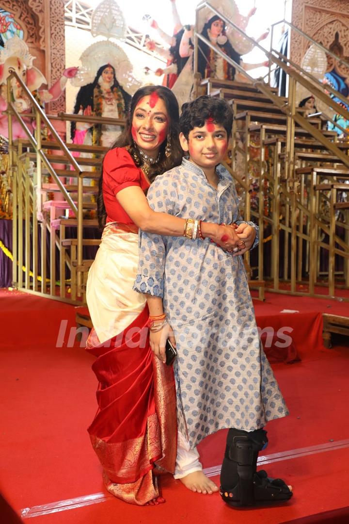 Rupali Ganguly snapped during Sindhur Khela at North Bombay Durga Puja