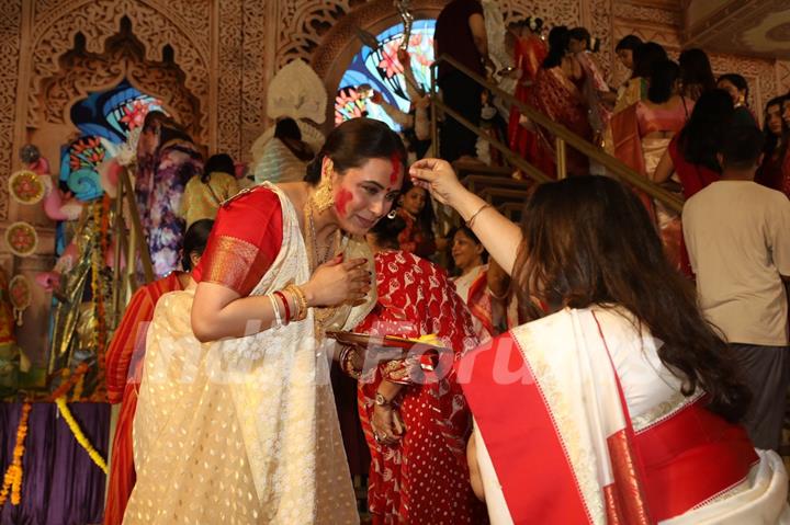 Rani Mukerji snapped during Sindhur Khela at North Bombay Durga Puja