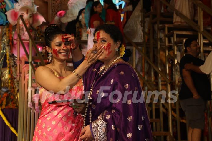 Tanishaa Mukerji snapped during Sindhur Khela at North Bombay Durga Puja