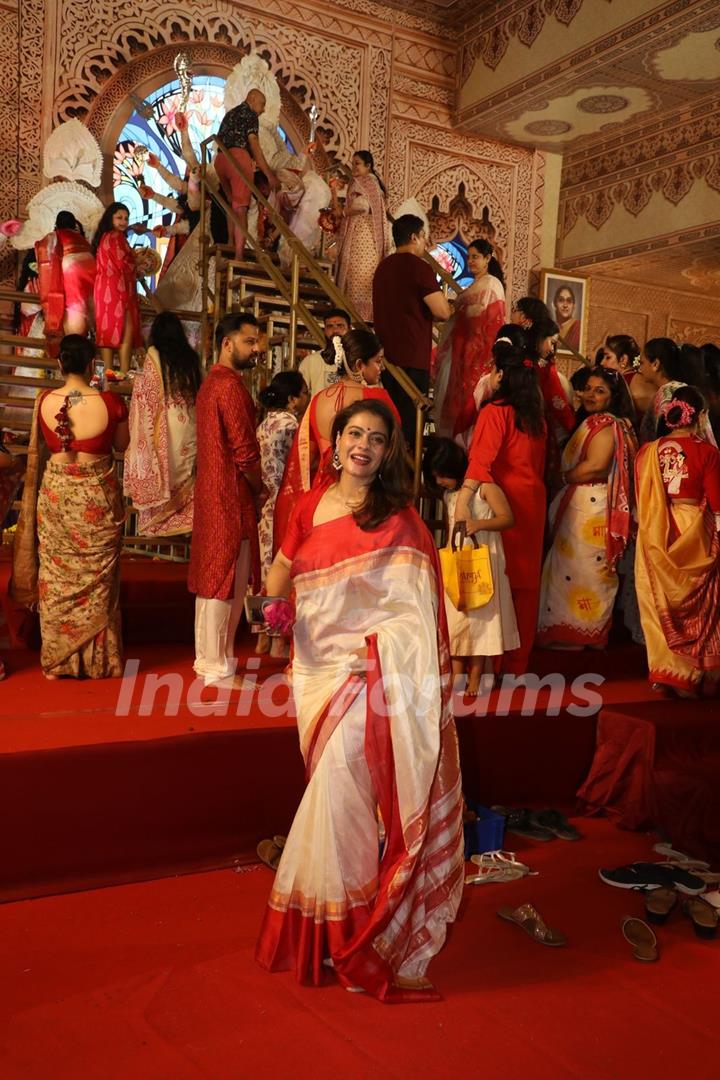 Kajol snapped during Sindhur Khela at North Bombay Durga Puja