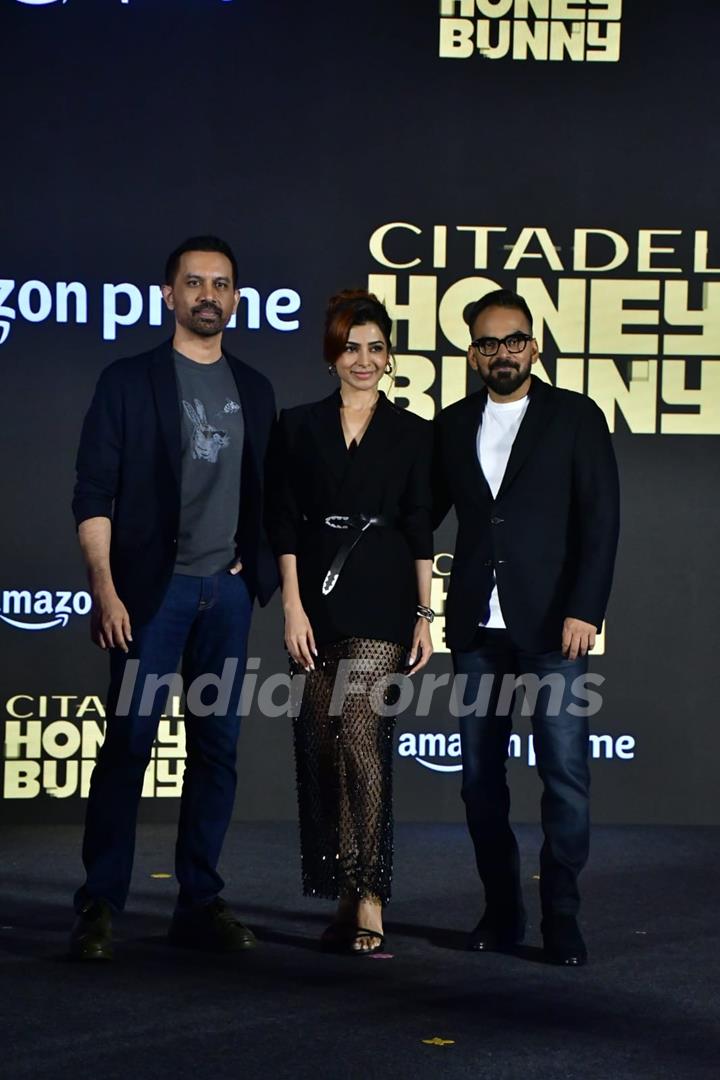 Krishna DK, Samantha Ruth Prabhu and Raj Nidimoru snapped at the trailer launch of 'Citadel: Honey Bunny'