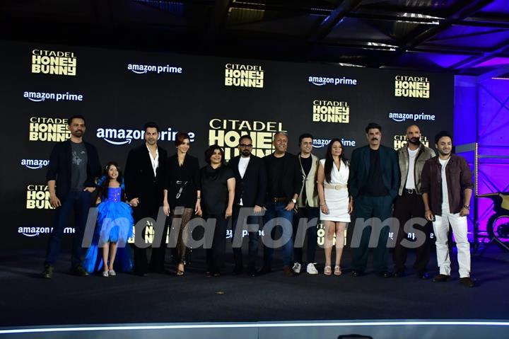 Sikandar Kher, Krishna DK, Varun Dhawan, Samantha Ruth Prabhu and Raj Nidimoru snapped at the trailer launch of 'Citadel: Honey Bunny'