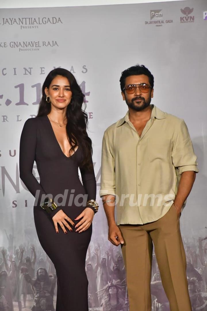 Suriya and Disha Patani snapped at 'Kanguva' press conference