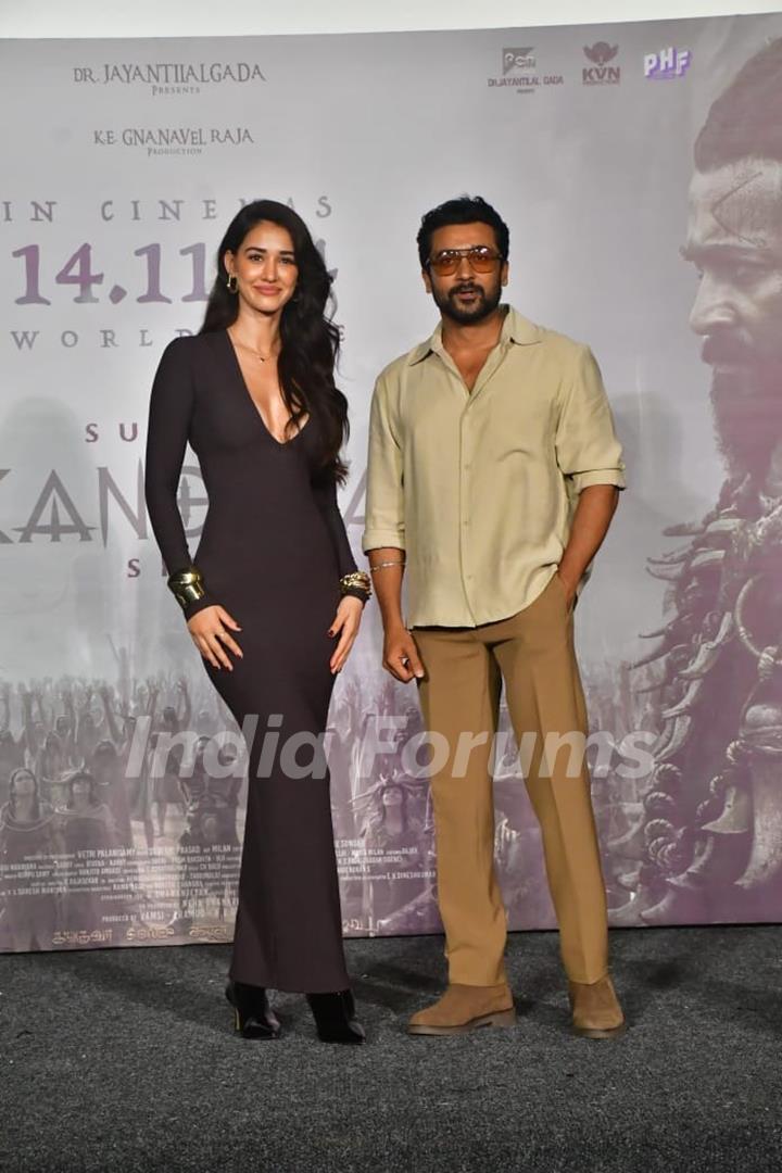 Suriya and Disha Patani snapped at 'Kanguva' press conference