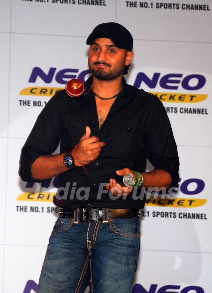 Harbhajan Singh spins the ball at a press conference by Neo Cricket channel to announce the beginning of Cricket season on the channel The season starts from first week of september and continuos till March 2010