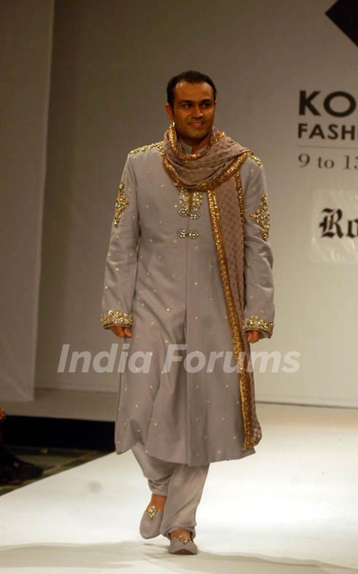 Virender Sehwag at Kolkata fashion week for Designer Rocky S on Wednesday