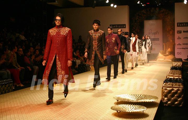 Models at designer Rohit Bal show during the Men''s Fashion Week in New Delhi on Friday 11 September 2009