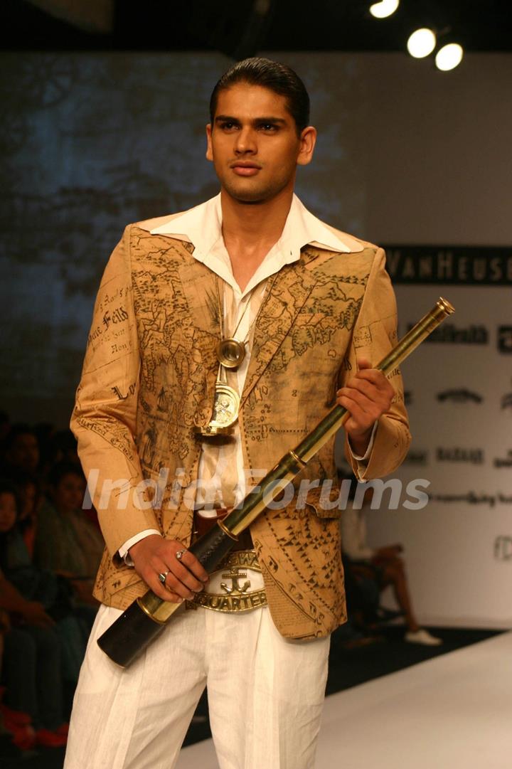 Model presenting creations of Designer Samant Chauhan at the Van Heusen &quot;India Mens Week&quot; in New Delhi on Sunday