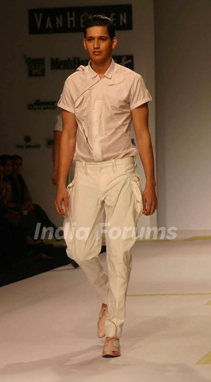 Model presenting creations of Designer Gaurav Gupta at the Van Heusen &quot;India Mens Week&quot; in New Delhi on Sunday