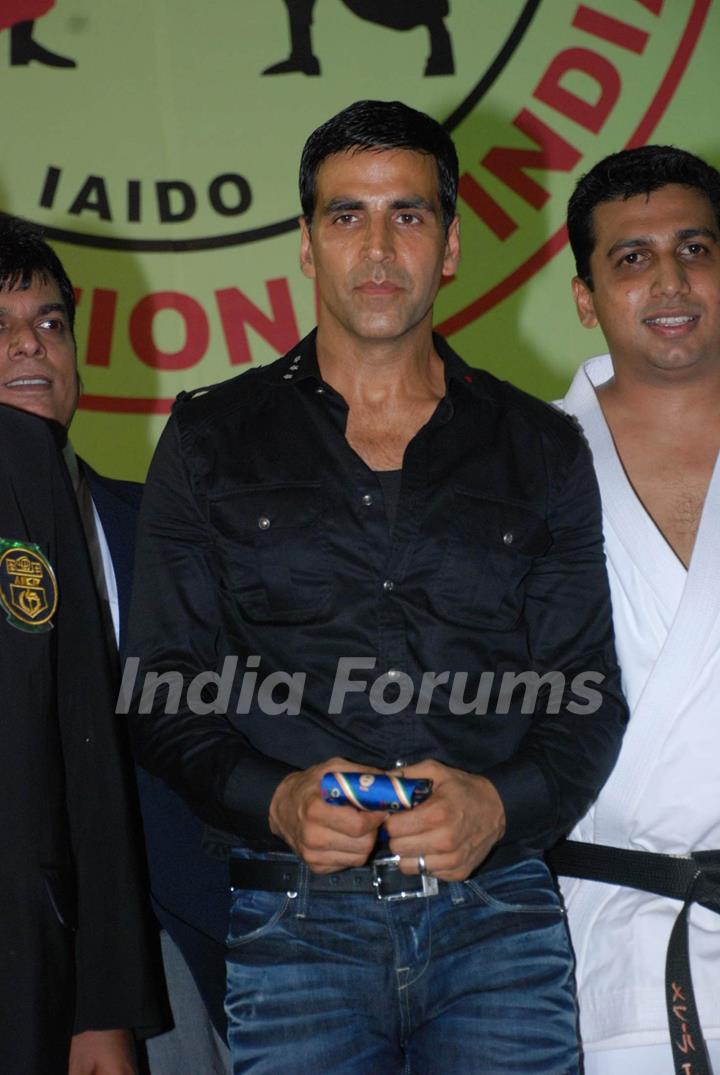 Bollywood Actor Akshay Kumar addresses during 1st Invitational Open National Karate Championship at Andheri Sports Complex, Mumbai on Wednesday, 21 October 2009