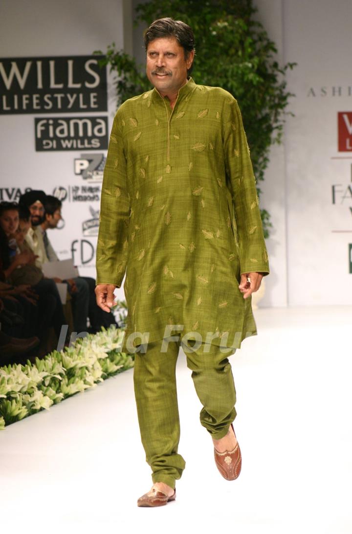 Kapil Dev on the ramp during &quot;The Ashima and Leena Show&quot; at the Wills Lifestyle India Fashion Week in New Delhi on Saturday 24 Oct 09