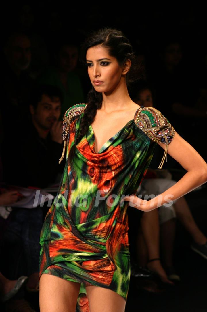 A model showcasing designer Kavita Bhartia''''s creation at the Wills Lifestyle India Fashion week in New Delhi on Sunday