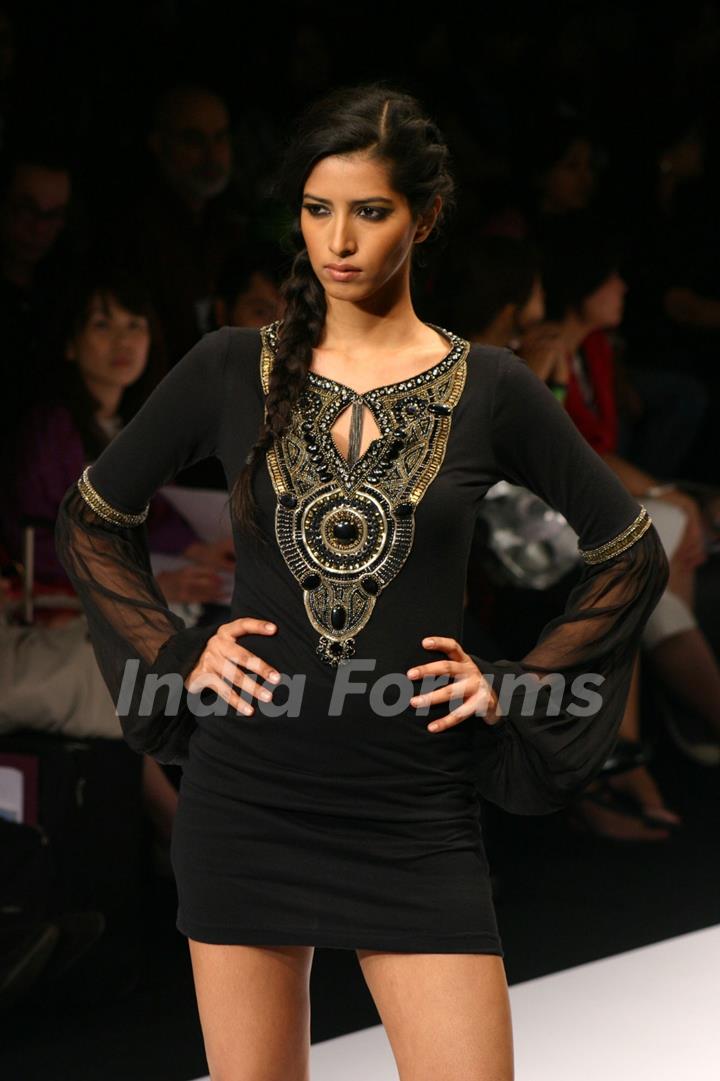 A model showcasing designer Kavita Bhartia''s creation at the Wills Lifestyle India Fashion week in New Delhi on Sunday