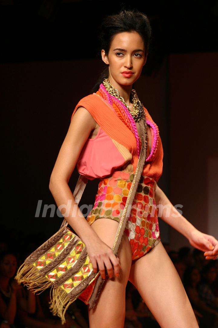 A model showcasing designer Rana Gill creation at the Wills Lifestyle India Fashion week in New Delhi on Sunday