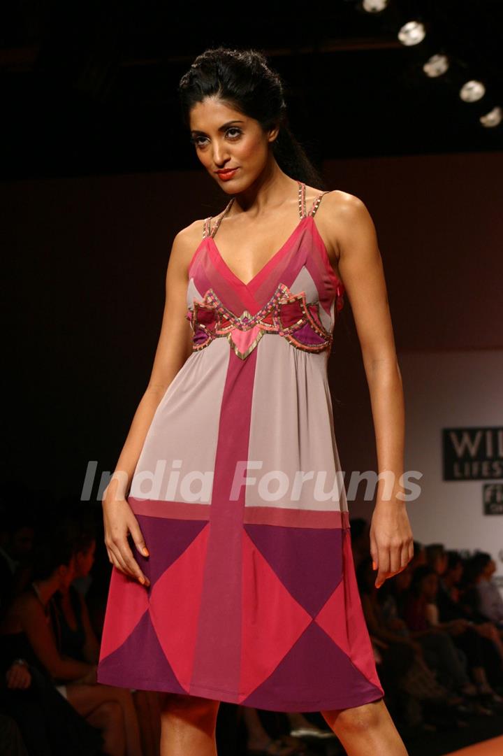 A model showcasing designer Rana Gill creation at the Wills Lifestyle India Fashion week in New Delhi on Sunday