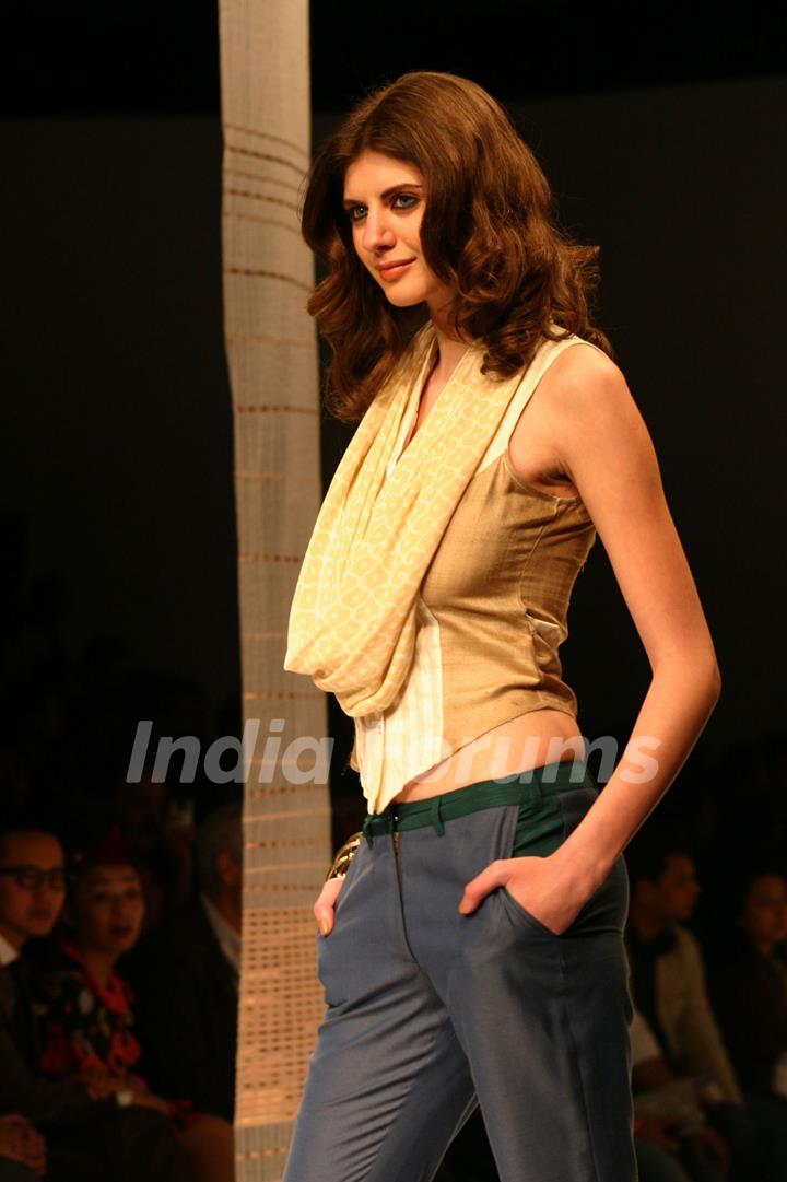 A model showcasing designer Ritu Kumar creation at the Wills Lifestyle India Fashion week in New Delhi on Sunday