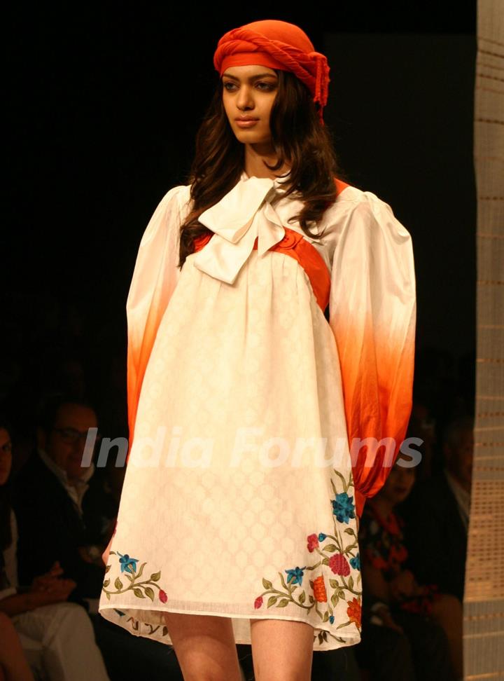 A model showcasing designer Ritu Kumar creation at the Wills Lifestyle India Fashion week in New Delhi on Sunday