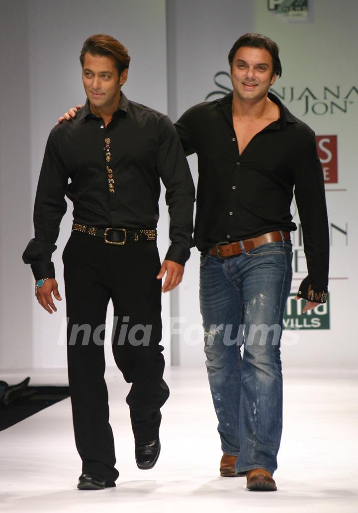 Salman Khan and his brother Sohail Khan at the designer Sanjana Jon show at the Wills Lifestyle India Fashion Week in New Delhi on Sunday 25 Oct 2009