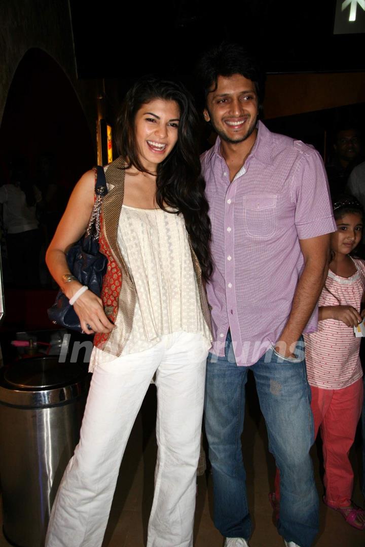 Bollywood actors Jacqeiline Fernandez and Riteish Deshmukh watch their movie &quot;Aladin&quot; with kids at PVR in Mumbai