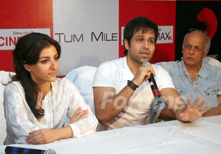 Soha Ali Khan, Imran Hasmi and Mahesh Bhatt in the press meet of their new film ''Tum Mile'' in a city multiplex in Kolkata on Friday