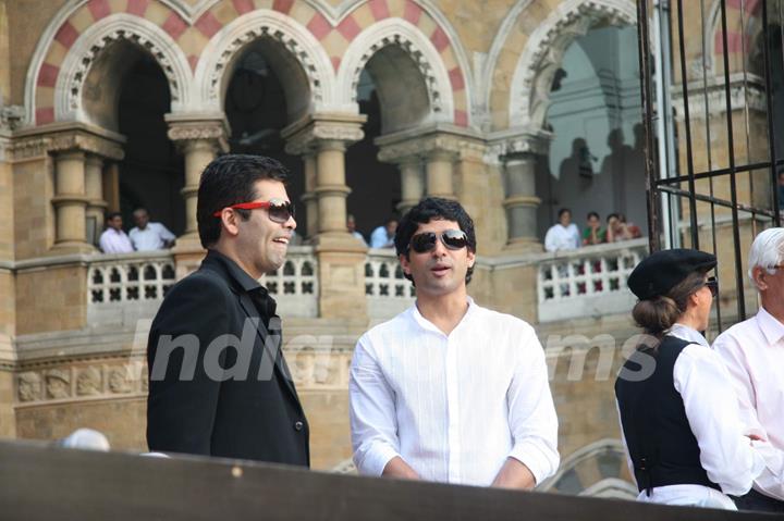 Bollywood actor-director Farhan Akhtar and Karan Johar pose for the photographers during the launch of new communication campaign ''HIV'' and ''Soul Cages''