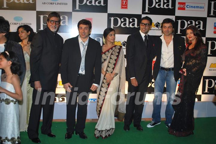 Bollywood actors Amitabh Bachchan, Sunny Deol, Vidya Balan, Abhishek Bachchan, Bobby Deol and Aishwarya Rai Bachchan at the premiere of film &quot;Paa&quot;