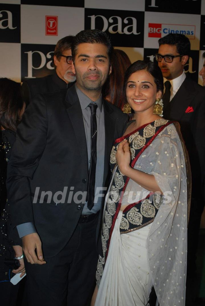 Karan Johar with bollywood actress Vidya Balan at the premiere of film &quot;Paa&quot;