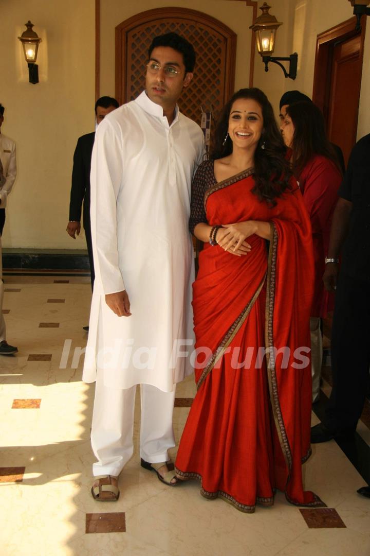 Bollywood actors Abhishek Bachchan and Vidya Balan at a press meet of &quot;PAA&quot; at Taj Land''s End