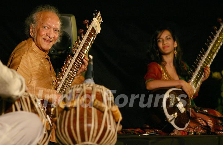 Sitar player Pt Ravi Shankar and his daughter Anoushka Shankar at the concert ''''Music in the Park'''', in New Delhi on Saturday (IANS: Photo)