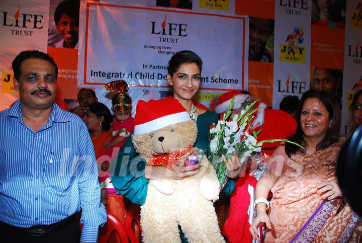 Bollywood actor Sonam Kapoor celebrates Christmas with Anganwadi children in Mumbai on Saturday