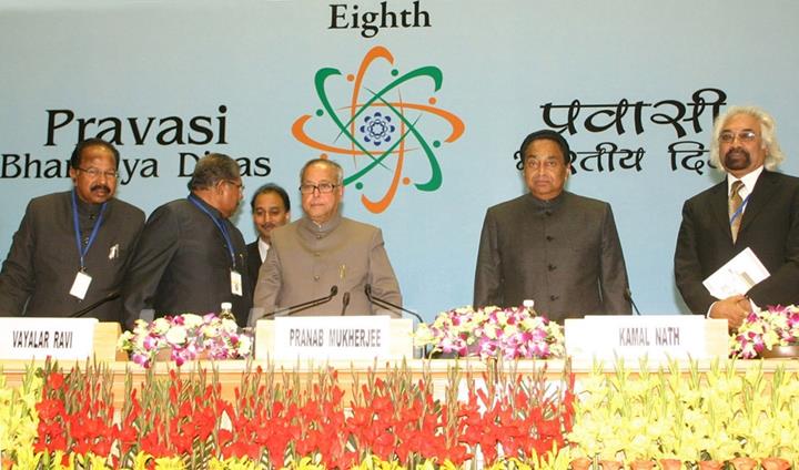 Union Ministers Pranab Mukherjee, Vayalar Ravi, Kamal Nath, Veerrappa Moily and adviser to Pm Sam Pitroda at the inaugural of '''' 8th Pravasi Bharatiya Divas'''' in New Delhi on Friday