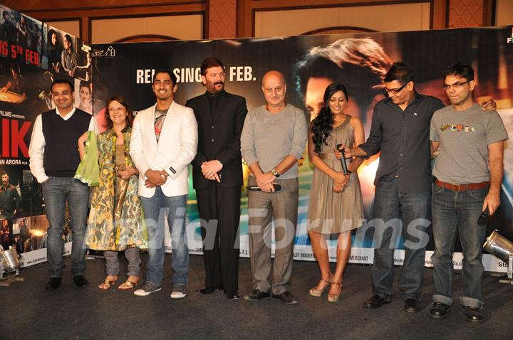 Bollywood actors Siddharth, Aditya Pancholi, and Anupam Kher at the music launch of &quot;Striker&quot; in Mumbai