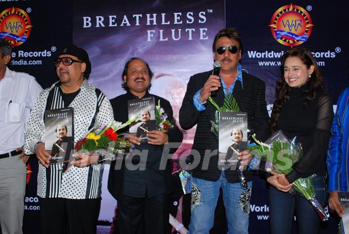 Jazz Musician Louis Banks, Pandit Ronu Majumdar, Jackie Shroff and Yuvika Chaudhary pose for the photographers during their album launch of &quot;Breathless Flute&quot; in Mumbai