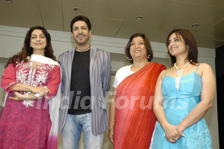 Bollywood actress Juhi Chawla, Gurdas Maan and Divya Dutta pose for the photographers during the press conference of film &quot;Sukhmani- Hope for Life&quot; in Mumbai on Thursday, 28 January 2010